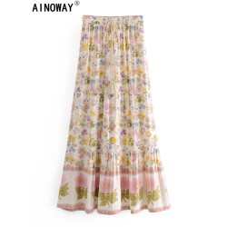 Vintage Chic Multi Floral Print Beach Bohemian Maxi Skirts